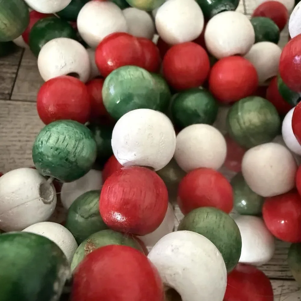 Vintage 9 ft WOODEN BEAD Christmas Tree Garland Strands Red Green White LOT OF 2
